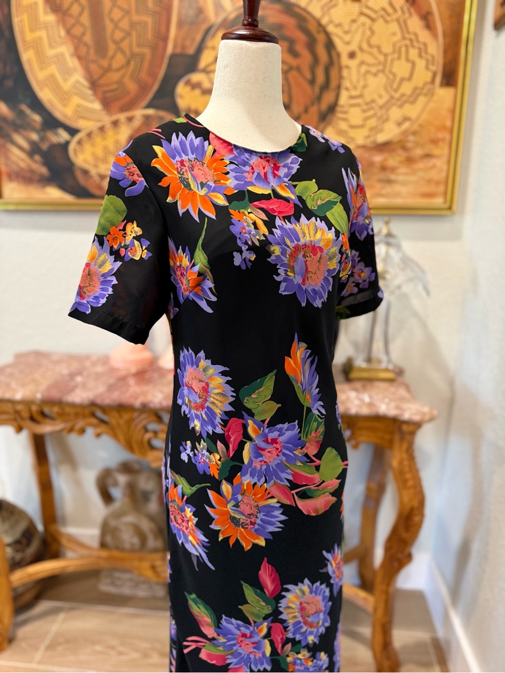 VTG Black Maxi Dress with Purple, Orange & Green Floral Print
